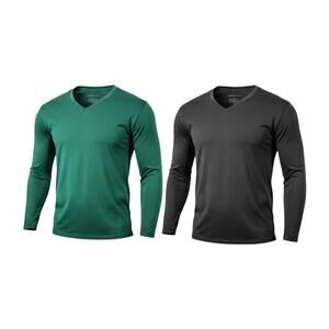 Thermajohn Men's V-Neck Long Sleeve Activewear Shirt 2-Pack Black Green L